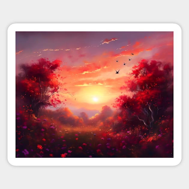 Spring landscape with a beautiful flowering trees. Sticker by osadchyii